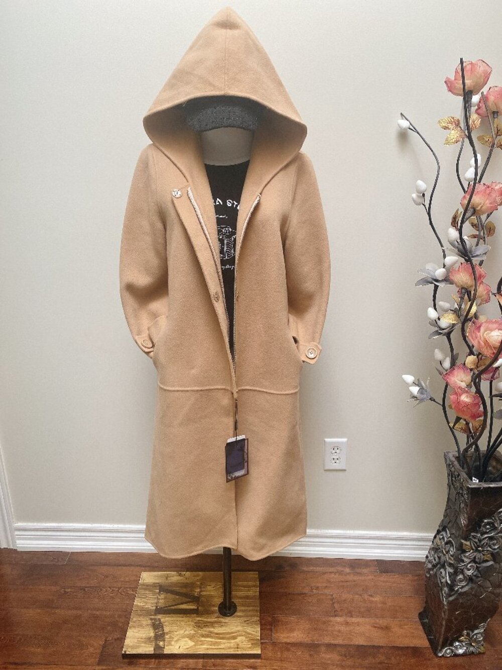 NWT Women’s Camel Double Sided Wool Coat with Hood Winter Overcoat - Picture 2 of 9